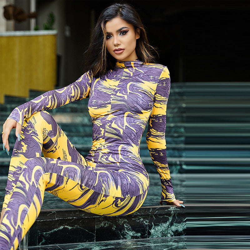 Autumn Printed Contrast Color High Waist Hip Lift Tight Sports Fitness Jumpsuit