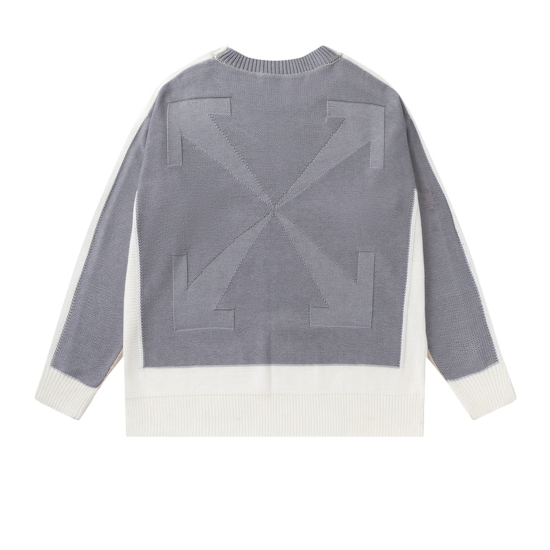 Off White Winter Fleece Sweatshirts Autumn and Winter Stitching Arrow round Neck Pullover Knitted Sweater
