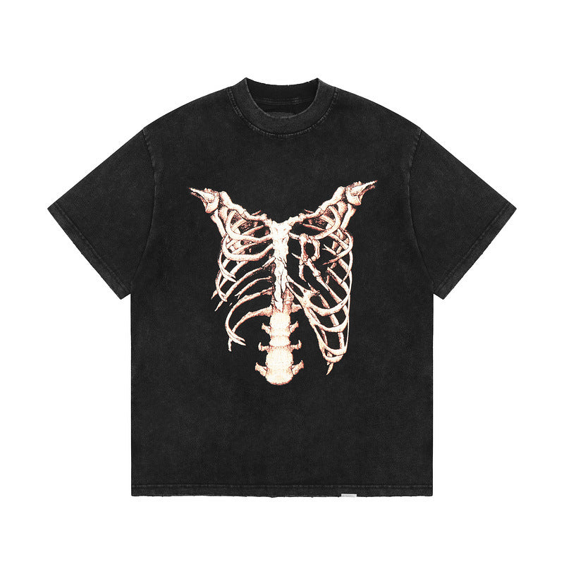 Present T Shirt Skeleton Printed round Neck Distressed Couple Loose