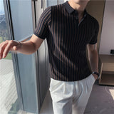 Men Short Sleeve T-Shirt Contrast Color Stripes Lapel Short Sleeve Polo Shirt