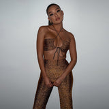Women Top & Pant 2 Piece Set Halter Sexy Cutout Vest Slim-Fitting Straight Pants Suit