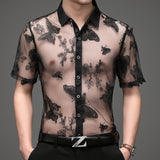 Transparent Shirt for Men Men's Short-Sleeved Shirt Slim Hollow out Embroider Jacket