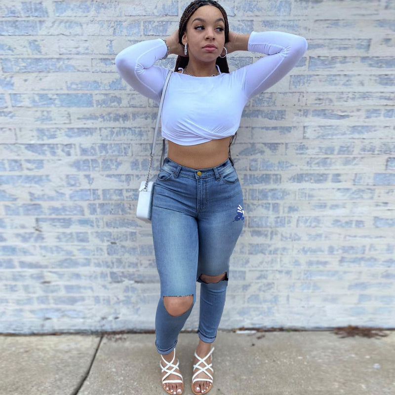 Women Plus Size Jeans High Elastic Slim Ripped Jeans