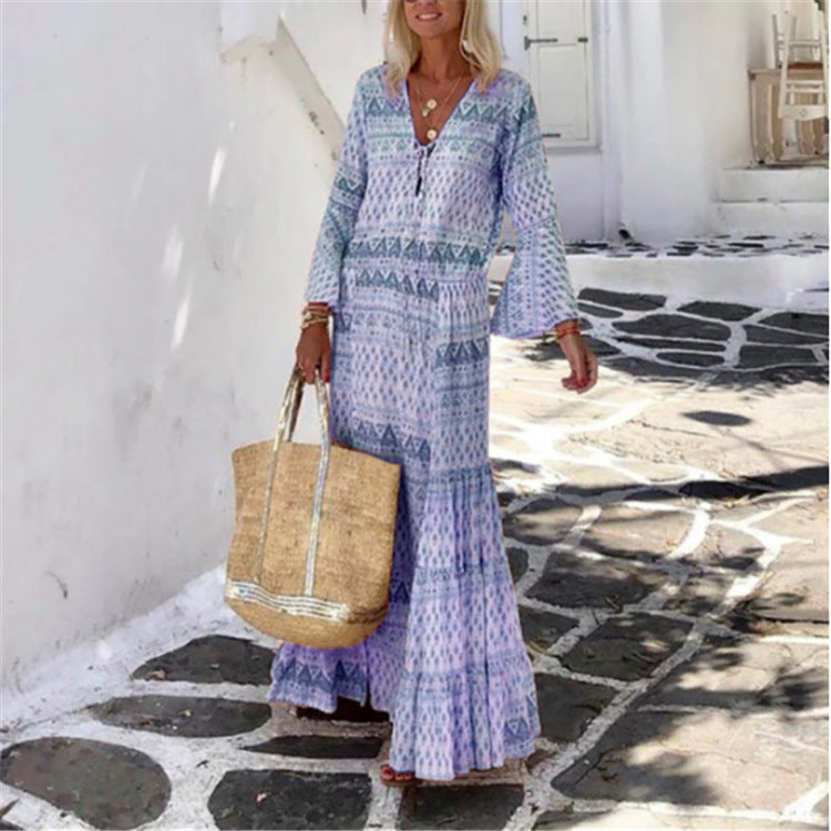 Beth Dutton Bohemian Dress Winter Autumn Midi Dresses Flared Sleeve Geometric Printed Maxi Dress