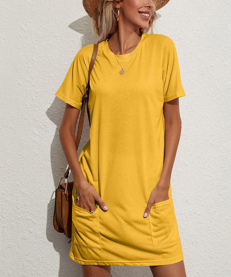 Work Dresses with Pockets Summer round Neck Solid Color Short Sleeve Casual Loose-Fitting T-shirt Dress