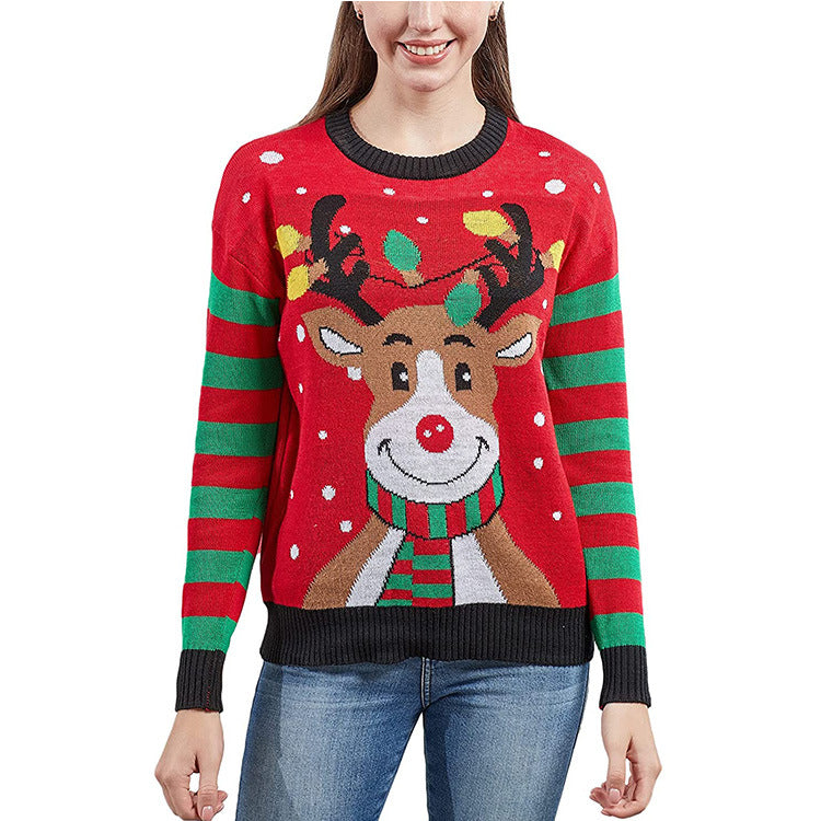 Ugly Christmas Sweater Elk Snowflake Tree Pattern Sweater Cute Knitting Pullover