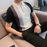Men Polo Shirts Thin Stretch Striped T-shirt