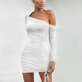 Women Summer Dresses Mini Dress Sexy Mesh Sloping-Shoulder off the-Shoulder See-through Pleating Short Skirt Dress