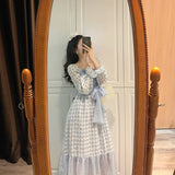 Fairy Dress Fairy Skirt Spring French Retro Bubble Long Sleeve Lace-up Ruffled Plaid Dress Midi Princess Dress