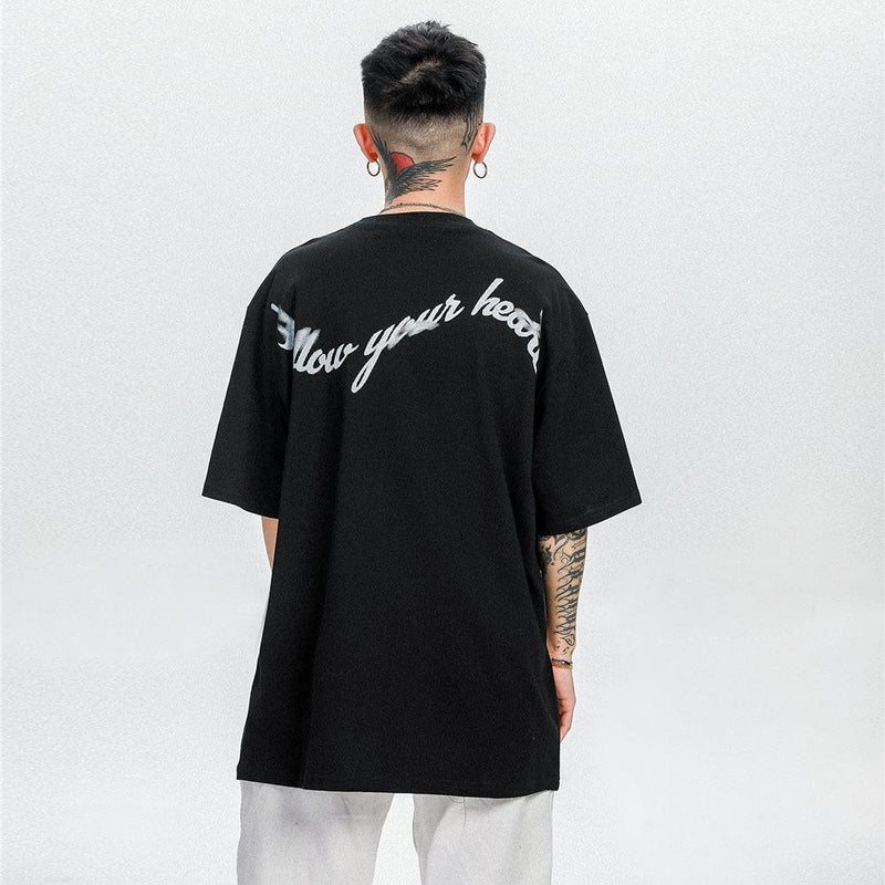 Men T Shirt Summer Casual Tops Love Heart Letter Print Short-Sleeve T-shirt Men round Neck Trend Loose Half Sleeve