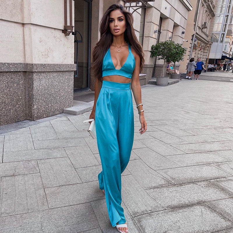 Women Top & Pant 2 Piece Set Autumn and Winter Lace-up Backless Underwaist Wide-Leg Pants Casual Suit
