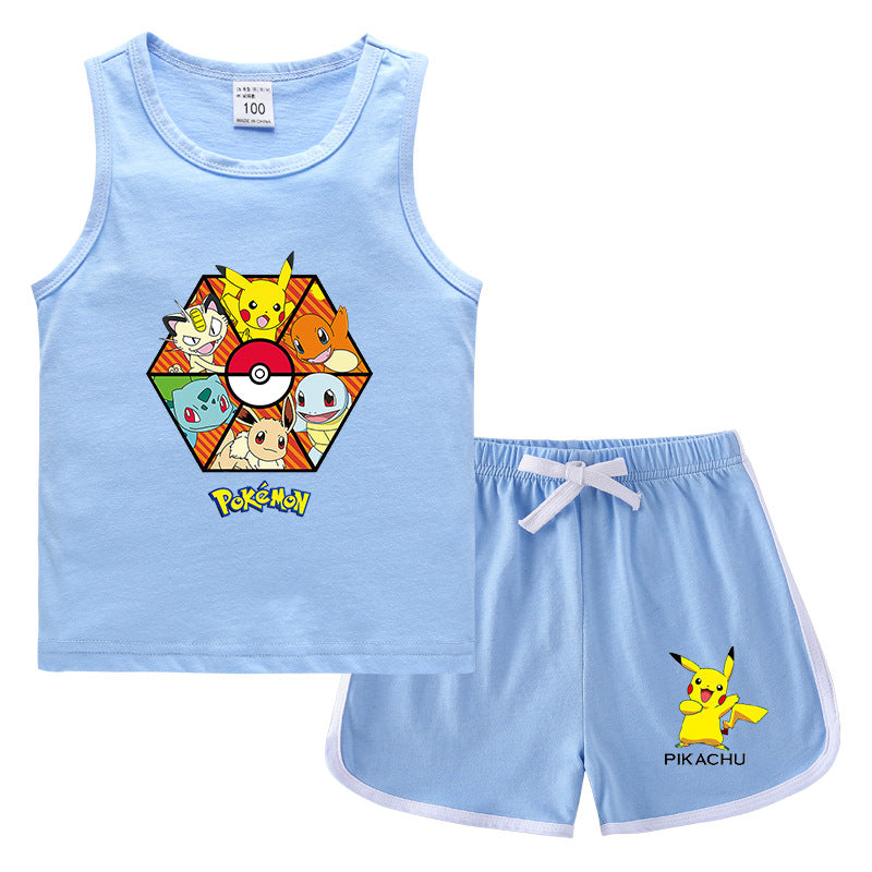 Children Pokemon Pikachu Tshirts & Shorts Vest Casual Sports Sweat-Absorbent Suit