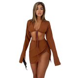 Women Top & Skirt 2 Piece Set Autumn and Winter Long Sleeve Cardigan Sexy Slit Sheath Skirt Suit
