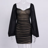 Women Summer Dresses Mini Dress Spring Sexy Backless Lantern Sleeve Pleated Skirt Dress