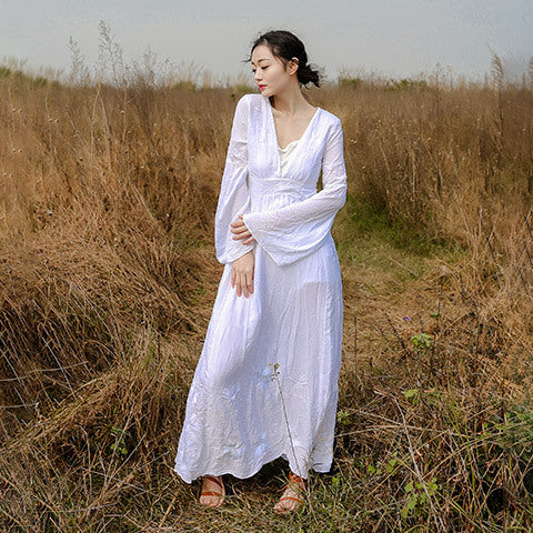 Women Dresses Summer Flared Long Sleeve V-neck Embroidered Maxi Dress