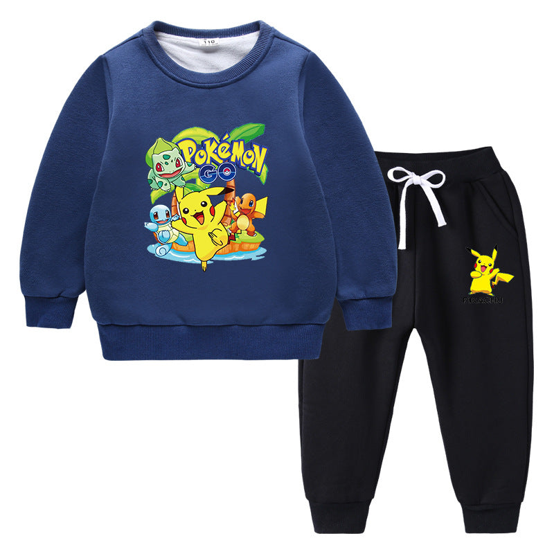 Children Pokemon Pikachu Hoodie & Pant Set Fleece Lined Padded Warm Keeping Winter Clothes Sweatershirt Suit