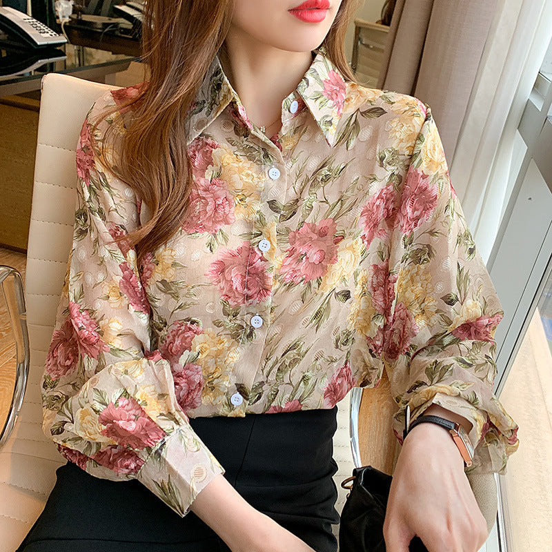 Beth Dutton Outfits Floral Lantern Sleeve Chiffon Shirt Shirt Women's Fall Lapels Floral Long Sleeve Shirt