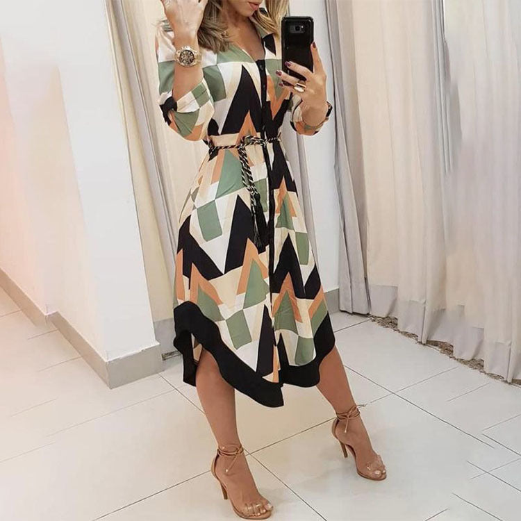 Work Dresses for Girls Women's Autumn Printed Plaid Lapel Lace-up Dress