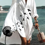 Women Bohemian Dress Summer Loose Lapel Long Sleeves Printed Dress