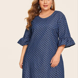 Women Plus Size Midi Dresses Half Sleeves Loose Polka Dot Denim Dress