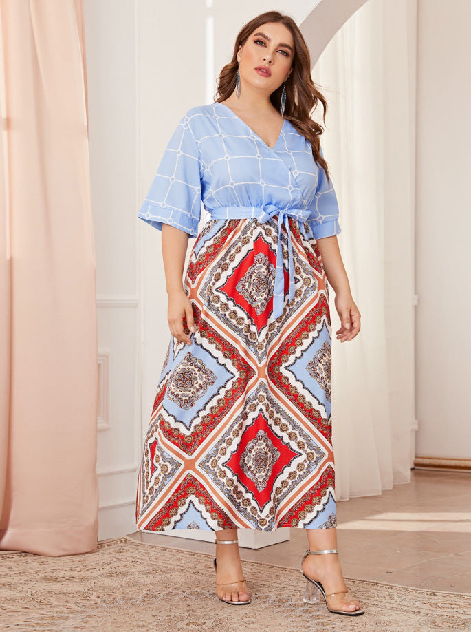 Women Plus Size Maxi Dresses Summer Fashion Loose V-neck Waist Trimming Short-Sleeved Dress
