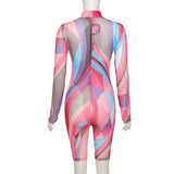 Summer New Women's Fashion Sexy High Waist Sheath Mesh Floral Print Tight Sports Jumpsuit