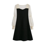 Fairy Dress Knitted Dress for Women Autumn Mesh Sleeves Mid-Length Sweater Bottoming A- line Dress