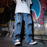 Anime Print Jeans Denim Pants Summer Anime Wide Leg Pants Loose Retro Denim Pants Men