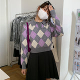 Preppy Aesthetic Outfits Diamond Plaid Contrast Color Cropped Pullover Sweater