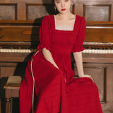 Women cottagecore Dress Summer Retro Red Square Collar Puff Sleeve Dress Long Dress