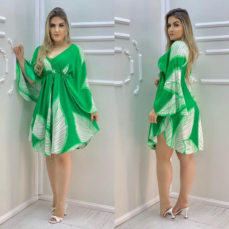 Women Plus Size Dressesv Collar Ruffle Sleeve Banana Leaf Printed High Waist Dress