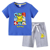 Children Pokemon Pikachu Tshirts & Shorts round Neck Half Sleeve T-shirt Suit Cotton Two-Piece Suit