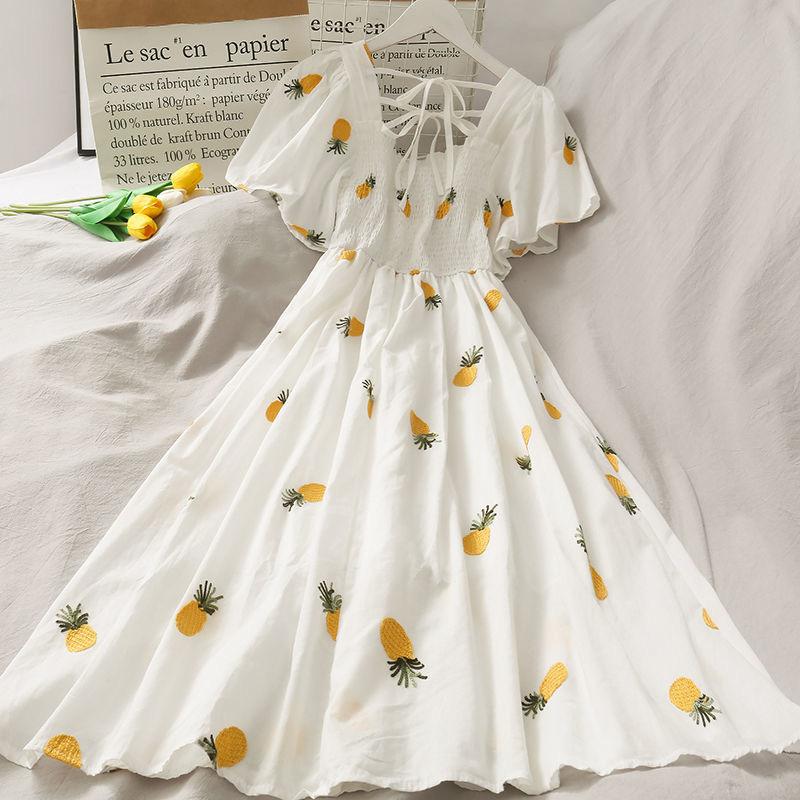 Strawberry Cottagecore Dress High Waist Pineapple Print Large Retro Swing Dress