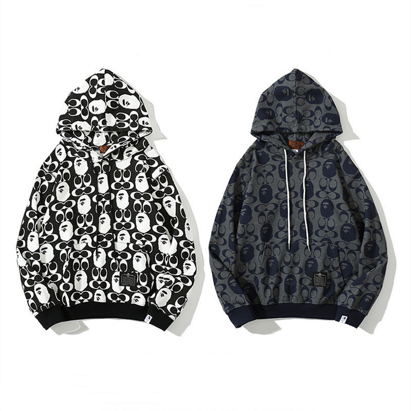 Bape Hoodie Black and White Sweater Men's and Women's Printed