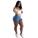 Women Plus Size Denim Shorts High Elastic Slim Fit Rose Denim Shorts