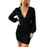 Dakota Johnson Red Mini Dress Solid Color and V-neck Long Sleeve Narrow