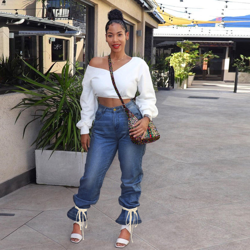 Women Plus Size Jeans Fashion Tie Casual Jean