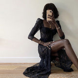 Music Festivals Rave Outfits Dress Summer See-through Lace Sexy Slit Slim Dress for Women