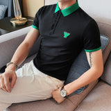 Men Short Sleeve T-Shirt Contrast Color Embroidered Leather Short Sleeve Top