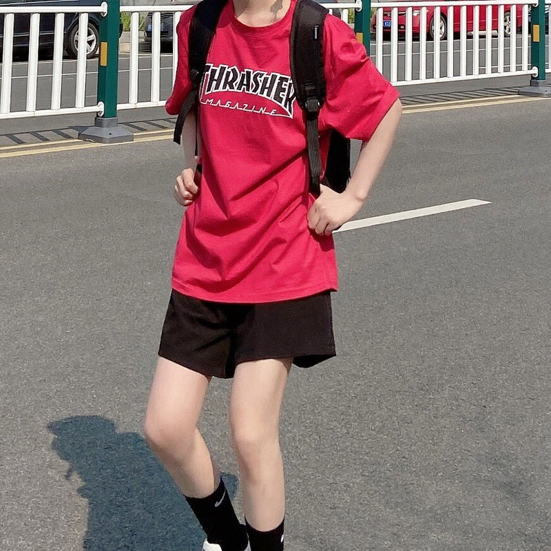 Thrasher T Shirt Summer T-shirt Male Letter Flame Print Pure Cotton Couple
