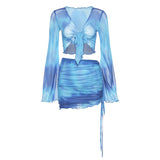 Women Top & Skirt 2 Piece Set Summer Mesh Printed Cardigan Sheath Skirt Casual Suit