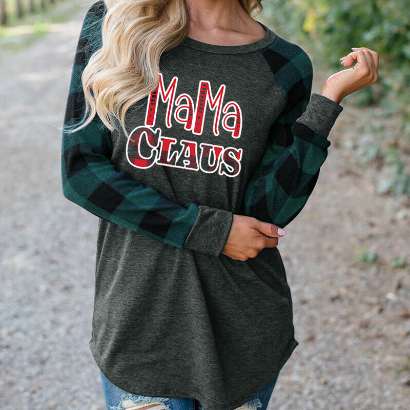 Boy Mama T Shirts Red Plaid Mama Claus Print Contrast Color