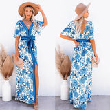 Spring and Summer Floral Slit Lace-up Temperament Leisure Vacation Style Dress