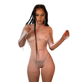 Fall Women's Clothing Sexy Mesh See-through Printed High Waist Tight Casual Sports Jumpsuit