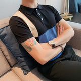 Men Short Sleeve T-Shirt Color Block Knitted Polo Shirt