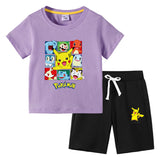 Children Pokemon Pikachu Tshirts & Shorts round Neck Half Sleeve T-shirt Suit Cotton Two-Piece Suit