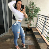 Women Plus Size Jeans Slim Fit Ripped Ankle-Tied Trousers