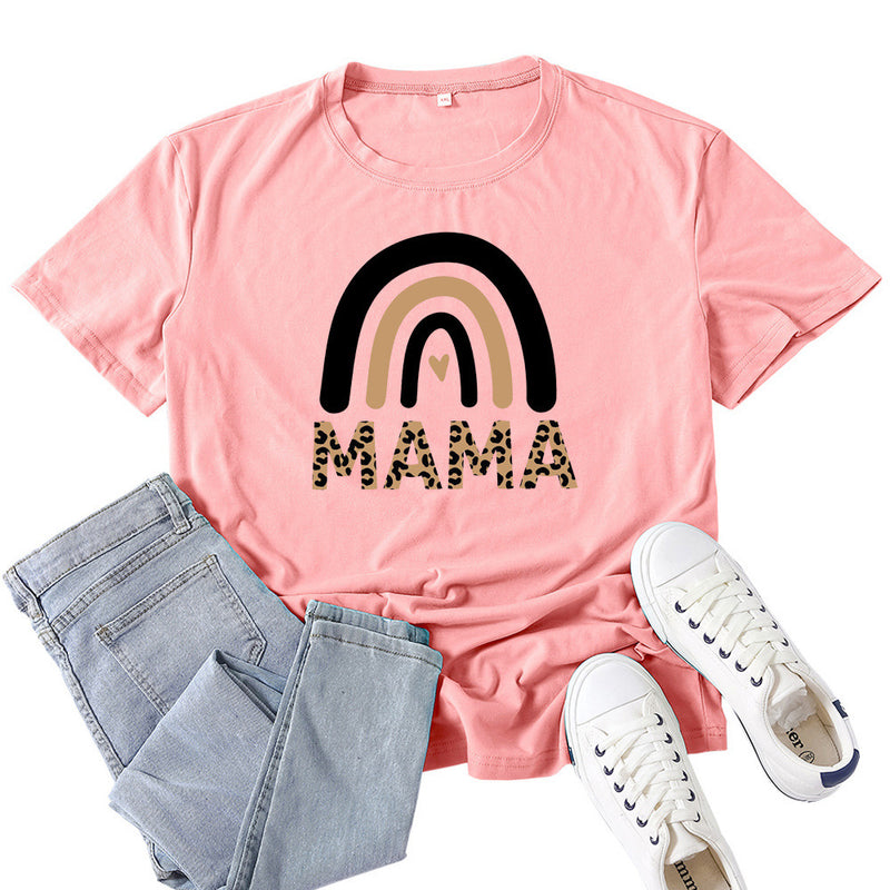 Boy Mama T Shirt Mama Leopard Print Rainbow Pattern Printed T-shirt