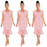 Sexy round Neck Lace Fishtail Skirt Swing See-through Dress