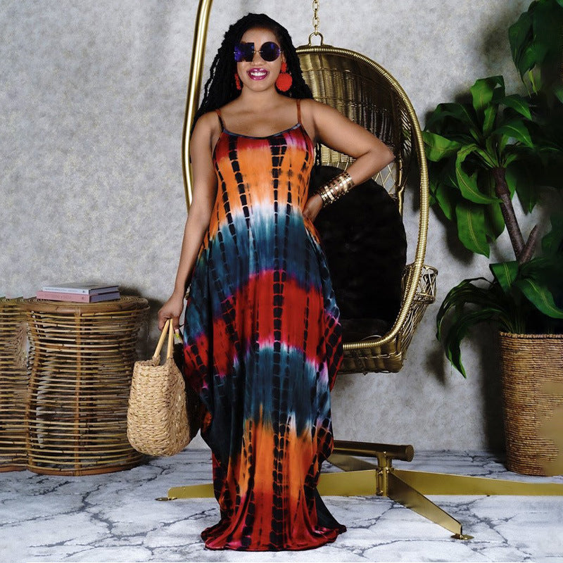 Women Plus Size Maxi Dresses Tie-Dye Print Loose Strap Maxi Dress